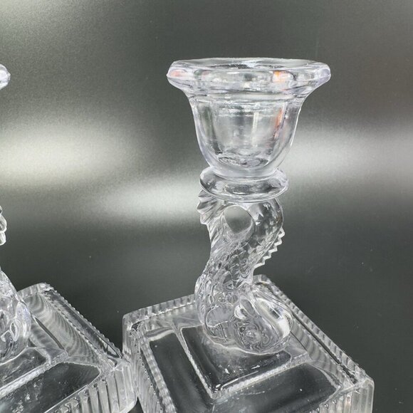 Imperial Glass Clear Dolphin Koi Fish Candlestick Candle Holder Set 2 Votive VTG - Picture 3 of 11